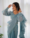 peach color ready to wear ruffle saree - women's fashion mart