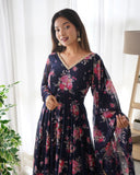 Navy Blue Faux Georgette Floral Digital Printed Anarkali With Dupatta -Salwar Kameez XS women's fashion mart