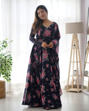 Navy Blue Faux Georgette Floral Digital Printed Anarkali With Dupatta -Salwar Kameez XS women's fashion mart