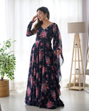 Navy Blue Faux Georgette Floral Digital Printed Anarkali With Dupatta -Salwar Kameez XS women's fashion mart