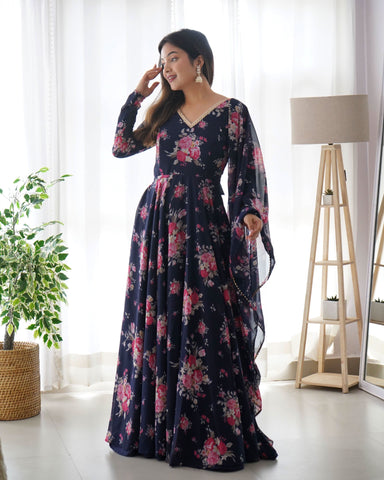 Navy Blue Faux Georgette Floral Digital Printed Anarkali With Dupatta -Salwar Kameez XS women's fashion mart