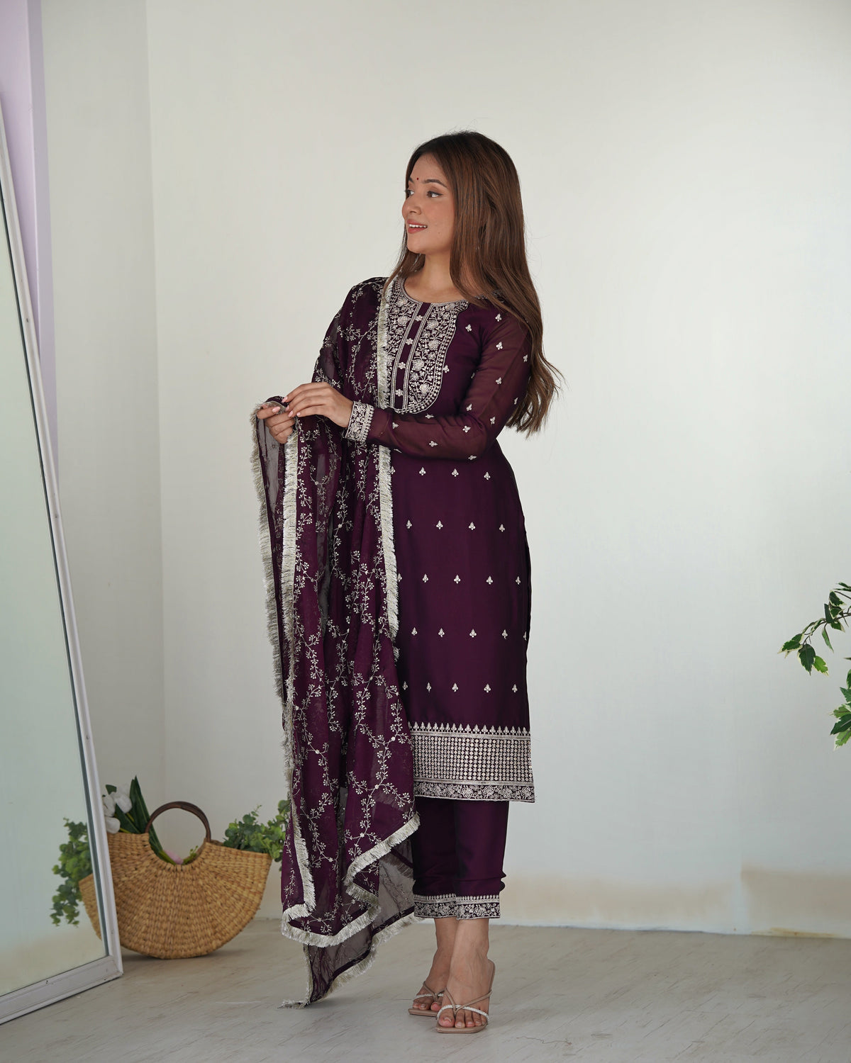 Whimsical Wine Silk Sequined Embroidered Salwar Kameez - women's fashion mart