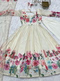 Cream silk Floral Printed anarkali suit with dupatta -Salwar Kameez XS / Cream women's fashion mart