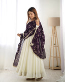 Heavy Pure Silk White Anarkali Suit With Wine Dupatta - women's fashion mart