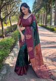 Bottle Green Soft Silk Floral Border Contrast Zari Woven Saree  women's fashion mart