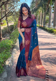 Peacock Blue Soft Silk Floral Border Contrast Zari Woven Saree  women's fashion mart