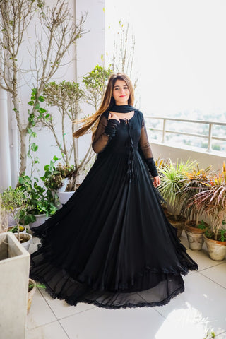 Maxi Long Flare with Lace Border Set with Dupatta Set -Clothing XS [34] / Black women's fashion mart
