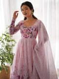 Fascinating Pink Floral Printed Organza Anarkali Suit With Dupatta  women's fashion mart