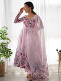 Fascinating Pink Floral Printed Organza Anarkali Suit With Dupatta  women's fashion mart