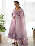 Fascinating Pink Floral Printed Organza Anarkali Suit With Dupatta  women's fashion mart