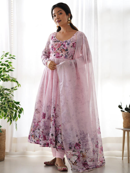 Fascinating Pink Floral Printed Organza Anarkali Suit With Dupatta  women's fashion mart