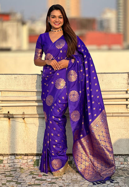 Violet Soft Silk Dual Zari Woven Saree with Peacock Border  women's fashion mart