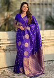 Violet Soft Silk Dual Zari Woven Saree with Peacock Border  women's fashion mart