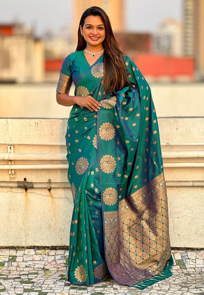 Green Soft Silk Dual Zari Woven Saree with Peacock Border  women's fashion mart