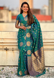 Green Soft Silk Dual Zari Woven Saree with Peacock Border  women's fashion mart
