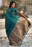 Green Soft Silk Dual Zari Woven Saree with Peacock Border  women's fashion mart