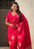 Pink Soft Silk Dual Zari Woven Saree with Peacock Border  women's fashion mart