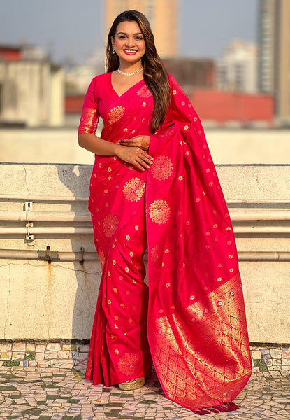 Pink Soft Silk Dual Zari Woven Saree with Peacock Border  women's fashion mart
