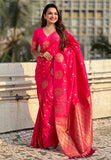 Pink Soft Silk Dual Zari Woven Saree with Peacock Border  women's fashion mart