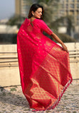Pink Soft Silk Dual Zari Woven Saree with Peacock Border  women's fashion mart