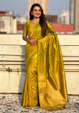 Mehendi Green Soft Silk Dual Zari Woven Saree with Peacock Border  women's fashion mart