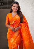 Orange Soft Silk Dual Zari Woven Saree with Peacock Border  women's fashion mart