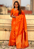 Orange Soft Silk Dual Zari Woven Saree with Peacock Border  women's fashion mart