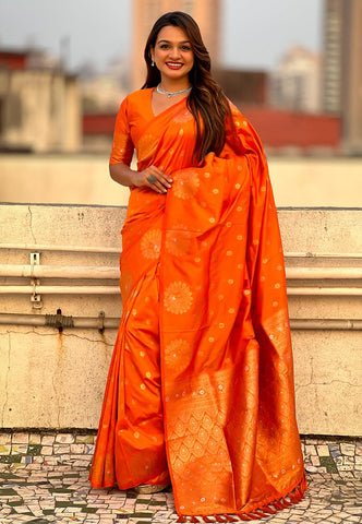 Orange Soft Silk Dual Zari Woven Saree with Peacock Border  women's fashion mart