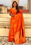 Orange Soft Silk Dual Zari Woven Saree with Peacock Border  women's fashion mart