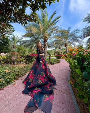 Indian Bridal and Party Wear Floral Organza Silk Lehenga -Top Lehenga & Dupatta Set Black / free size women's fashion mart