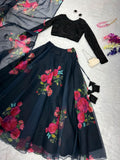 Indian Bridal and Party Wear Floral Organza Silk Lehenga -Top Lehenga & Dupatta Set Black / free size women's fashion mart