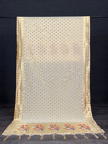 Cream Color Weaving Zari Work Jacquard Paithani Dupatta With Tassels