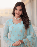 Sky Blue Georgette Gown with Dupatta -Gowns M / Sky women's fashion mart