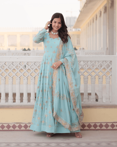 Sky Blue Georgette Gown with Dupatta - women's fashion mart