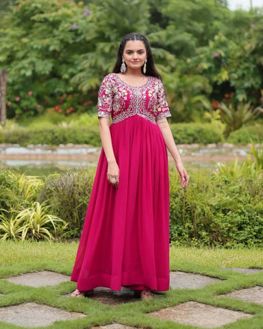 Zari Thread Sequins Worked Faux Georgette Designer Gown - women's fashion mart