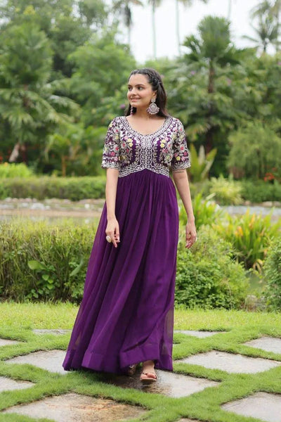 Zari Thread Sequins Worked Faux Georgette Gown -Gowns Purple / M women's fashion mart