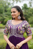 Zari Thread Sequins Worked Faux Georgette Gown -Gowns Purple / M women's fashion mart