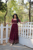 Seal Brown Zari Thread Sequins Worked Fully Stitched Gown - women's fashion mart