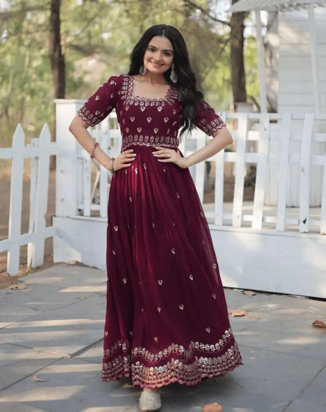 Seal Brown Zari Thread Sequins Worked Fully Stitched Gown - women's fashion mart