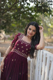 Seal Brown Zari Thread Sequins Worked Fully Stitched Gown - women's fashion mart