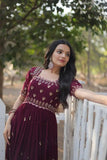 Seal Brown Zari Thread Sequins Worked Fully Stitched Gown - women's fashion mart
