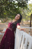 Seal Brown Zari Thread Sequins Worked Fully Stitched Gown - women's fashion mart