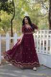 Seal Brown Zari Thread Sequins Worked Fully Stitched Gown - women's fashion mart