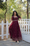 Seal Brown Zari Thread Sequins Worked Fully Stitched Gown - women's fashion mart