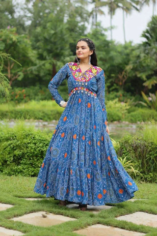 Elegant and Fabulous Bandhni Printed Gowns -Gowns Blue / L women's fashion mart