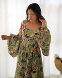 Green Pure Faux Georgette Floral Digital Printed Maxi Gown - women's fashion mart