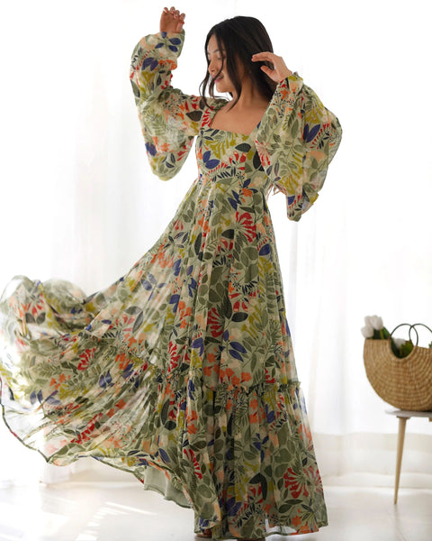 Green Pure Faux Georgette Floral Digital Printed Maxi Gown - women's fashion mart