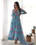 Sky Blue Pure Faux Georgette Floral Printed Ruffle Anarkali Pant Suit - women's fashion mart