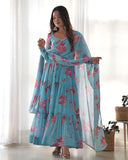 Sky Blue Pure Faux Georgette Floral Printed Ruffle Anarkali Pant Suit - women's fashion mart