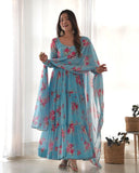 Sky Blue Pure Faux Georgette Floral Printed Ruffle Anarkali Pant Suit - women's fashion mart